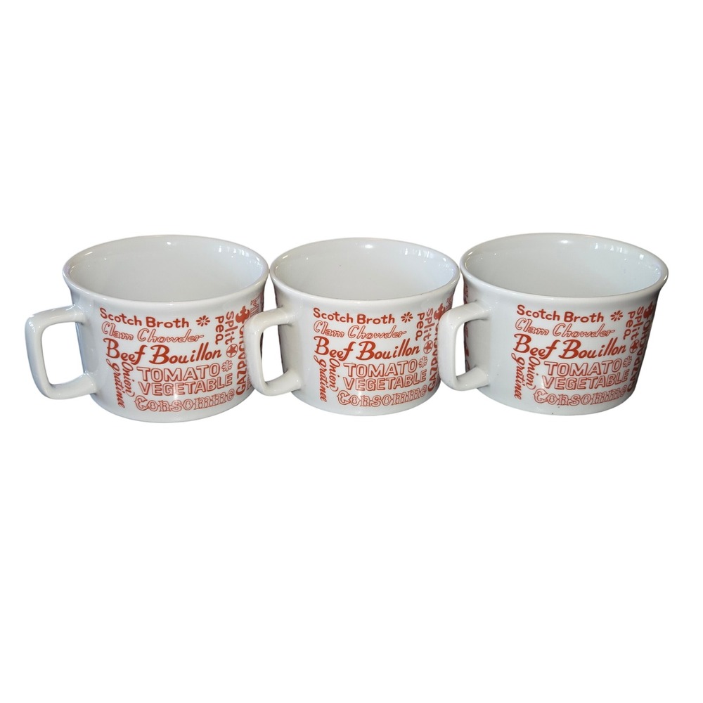 Seymour Mann Inc. Soup Mugs Set of 3 White & Red Typography Vintage Kitchenware